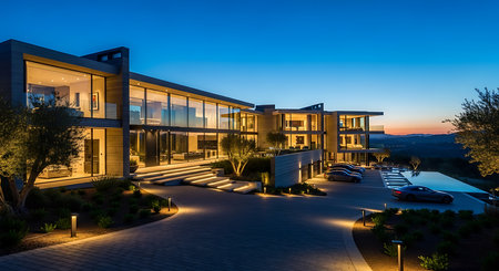 Sunset view of modern luxury house with garage and pool. Northwest, USAの素材
