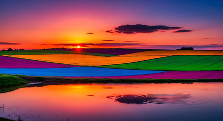 Colorful tulip field at sunset with reflection in the water.の素材