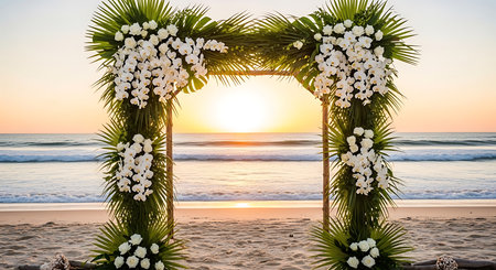 Wedding arch decorated with white flowers on the beach at sunsetの素材