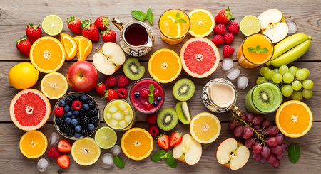 Healthy food background. Fruits and berries on wooden table. Top viewの素材