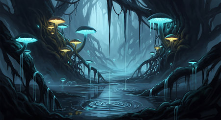 Fantasy landscape with a fantasy forest and a stream of water.の素材