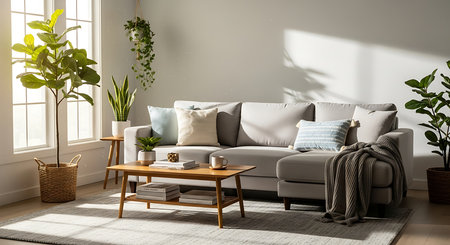 Modern living room interior with sofa, coffee table and plants. 3d renderの素材