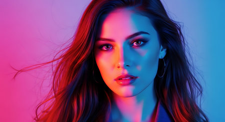 Portrait of a beautiful young woman in blue and pink neon light.の素材