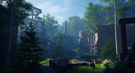 Abandoned factory in a foggy morning. 3d renderingの素材