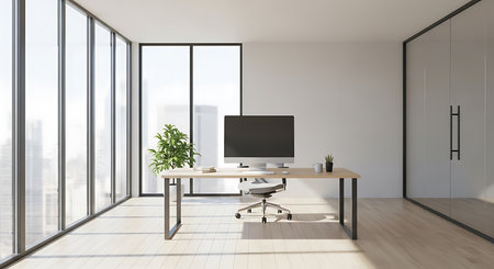 Interior of modern office with white walls, wooden floor, panoramic window with city view and white computer desk. 3d renderingの素材