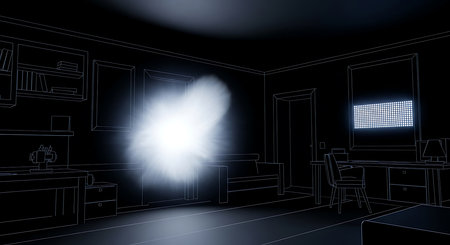 Interior of a living room with a spotlight coming out of the windowの素材