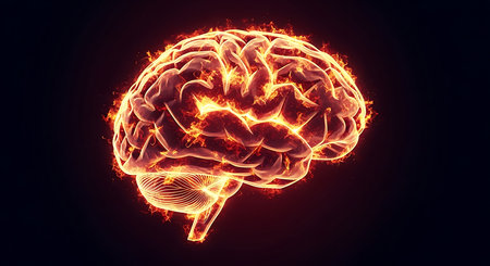 Human brain glowing in fire on dark background. 3D Renderingの素材