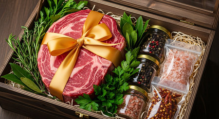 Fresh raw meat with herbs and spices in wooden box close-upの素材