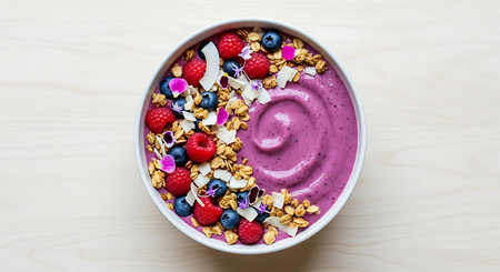 Blueberry smoothie bowl with granola, yogurt and fresh berriesの素材