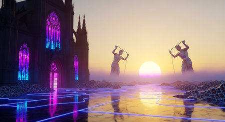 Goddess of God with the sun in the background, 3d renderの素材