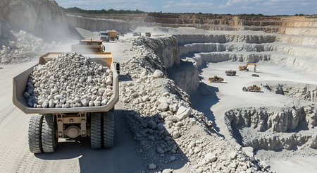 Aerial view of an excavator at a open pit mine.の素材