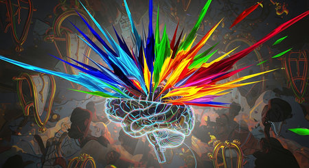 Digital illustration of  brain in colour  background  with colourful lightsの素材