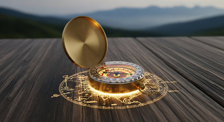 Compass on a wooden table. 3d render. Vintage style.の素材