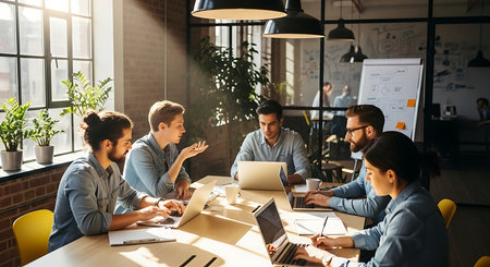 Working together. Group of young modern people in smart casual wear working together while sitting at the table in the officeの素材