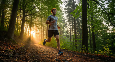 Young man jogging in the forest at sunrise. Healthy lifestyle.の素材