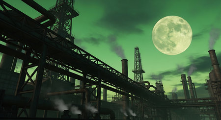Industrial landscape at night with full moon. 3D illustration.の素材
