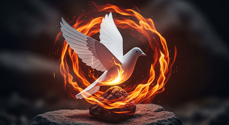 Pigeon on fire as symbol of peace and love. Mixed mediaの素材