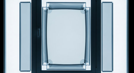 Modern glass window on white background, close-up, tonedの素材