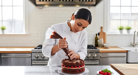 Attractive female chef decorating a delicious cake in the kitchen.の素材