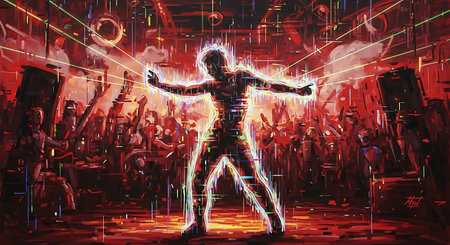 Digital illustration of a dancing man in front of a disco background.の素材