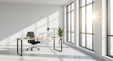 Interior of modern office with white walls, concrete floor, white computer table with black chair and panoramic window with city view. 3d renderingの素材