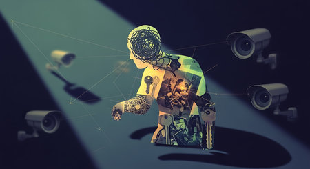 3D rendering of a robot and security cameras on a dark backgroundの素材