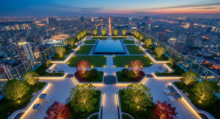 Aerial view of park at night in Seoul, South Korea.の素材