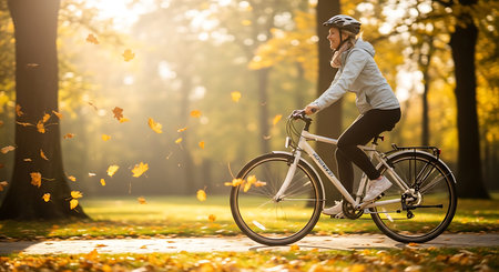 Young woman riding a bicycle in the autumn park. Healthy lifestyle.の素材