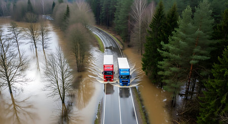 Aerial view of a big rig semi trucks transporting commercial cargo on a highway through the forestの素材