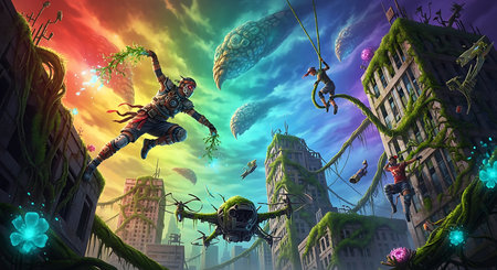 Cyborgs flying over the city, 3d rendering. Computer digital drawing.の素材