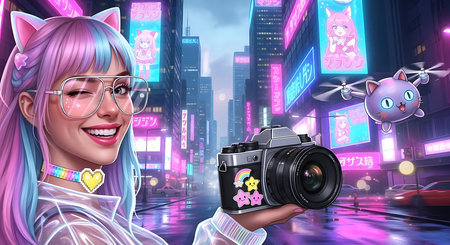 Digital composite of Girl holding a camera in front of a night cityの素材