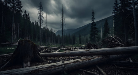 Dramatic dark stormy landscape with broken trees in the foregroundの素材