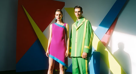 Fashionable young couple in colorful clothes posing on a studio background.の素材