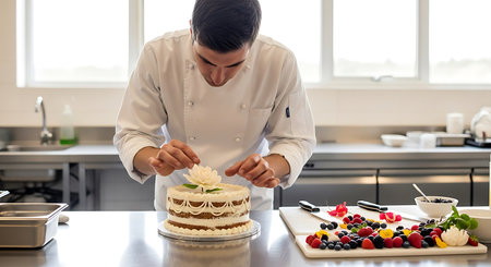 happy male chef decorating cake with berries in kitchen at hotel or restaurantの素材