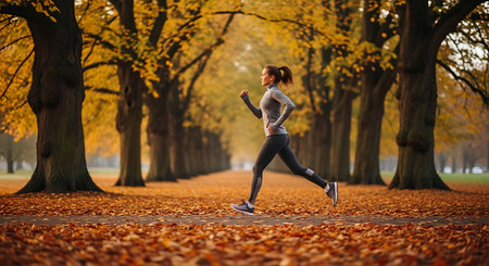 Young woman running in autumn park. Healthy lifestyle and fitness concept.の素材