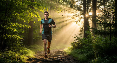 Running man jogging in the forest at sunrise. Sport fitness model caucasian ethnicity training outdoor.の素材