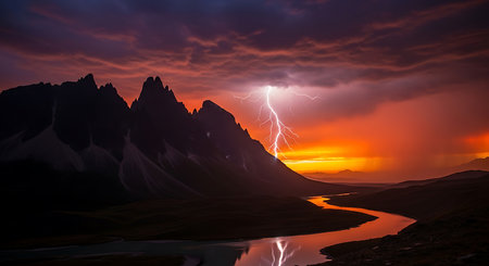 Fantasy landscape with mountain lake and lightning in the sky. 3D renderingの素材