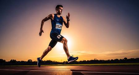 Athlete running on a track and field at sunset. Sport, competition and healthy lifestyle concept.の素材