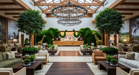 3D rendering of a luxury hotel lobby with a view of the jungleの素材