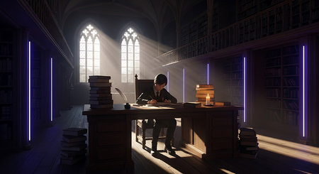 Man in the library reading a book. 3d render illustration.の素材