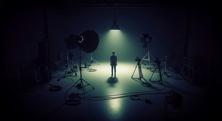 Silhouette of a man in a photographic studio. 3d renderingの素材