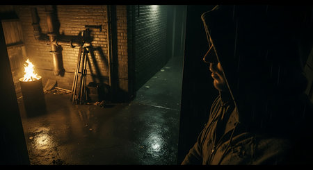 A man in a hood with a hood on his head and a flashlight in his hand in the dark.の素材