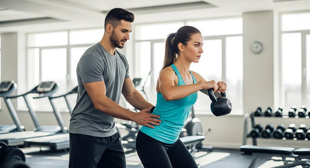 Side view of young man and woman working out with kettlebells in gymの素材