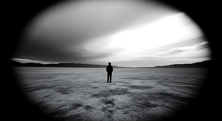 Silhouette of a man standing on a frozen lake at sunsetの素材