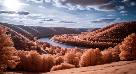 Autumn landscape with lake and forest. Panoramic view.の素材