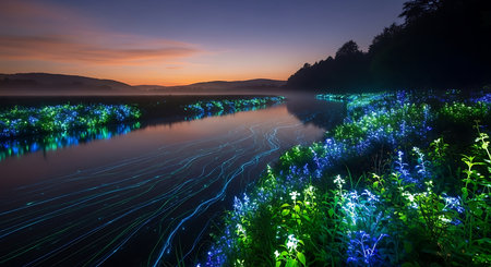 Sunset on the lake with blue and purple flowers in the foregroundの素材