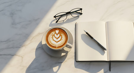 Top view of coffee cup with latte art on white marble table with notebook and eyeglassesの素材