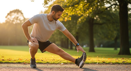 Young man stretching his leg before jogging in the park at sunsetの素材