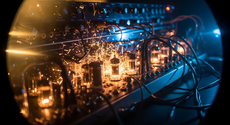 Close-up of electronic circuit board with light bulbs. Electricity conceptの素材