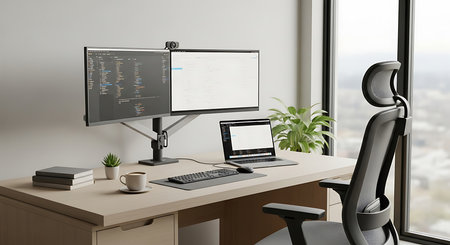 3d rendering of modern workplace with computer on table and city viewの素材